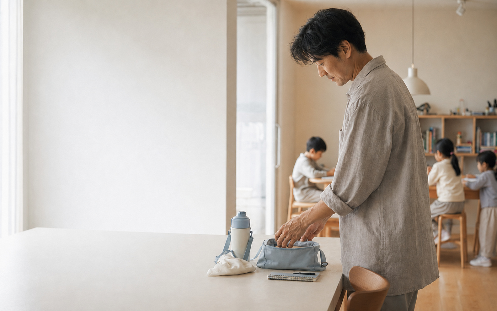 아침 햇살이 드는 집에서 세 아이의 생활을 준비하는 아빠
