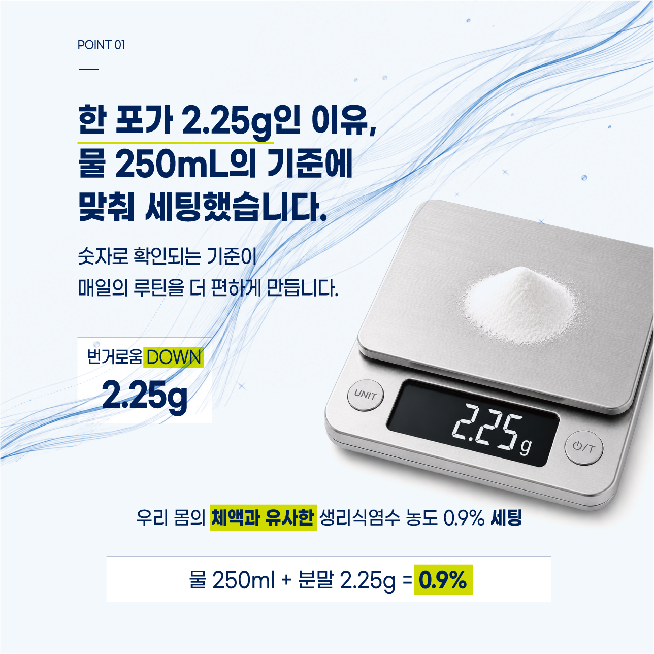 나잘랩 2.25g과 물 250mL 기준 0.9% 안내